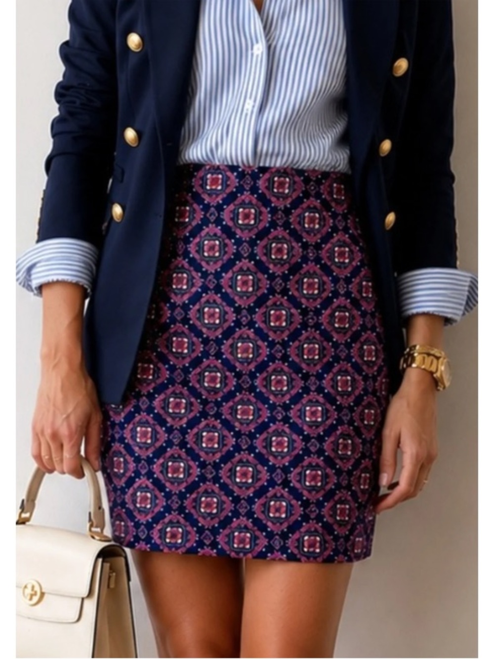 J. Crew Women’s Navy and Pink Patterned High Waisted Pencil Skirt